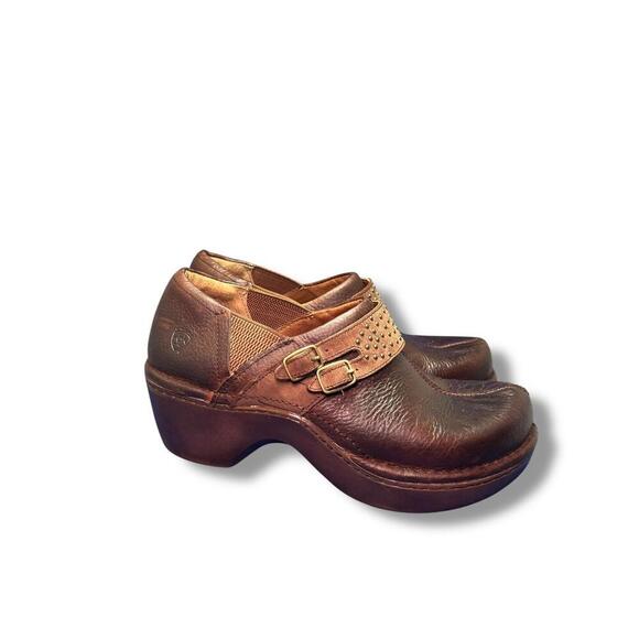 Ariat Women’s Leather Clogs Slip-On Heels Brown Buckle Studded US 9B EUR 40.5 - Picture 1 of 11
